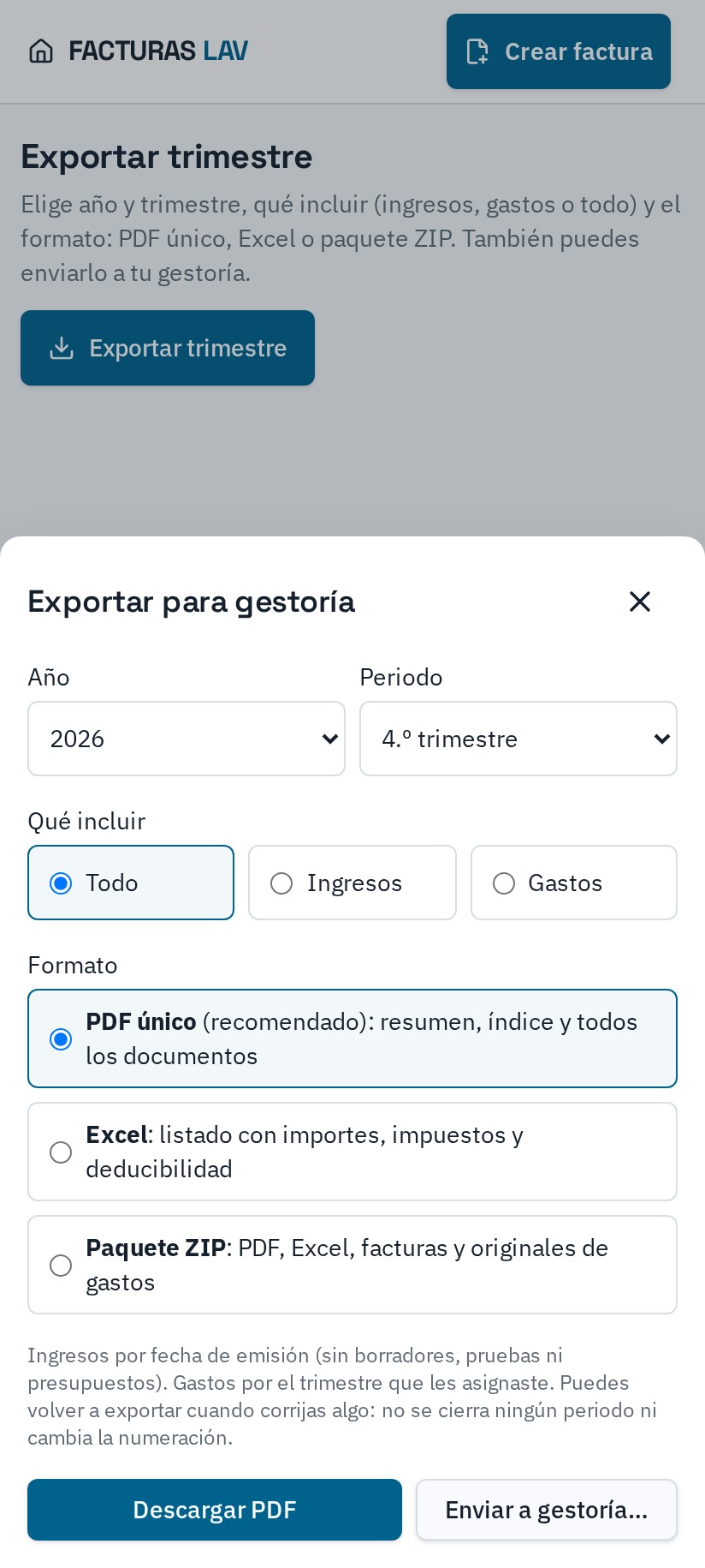 Pantalla real de Exportar para gestoría con año, periodo, qué incluir y formatos PDF, Excel y ZIP